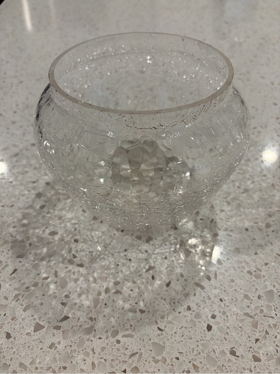 None Other - Clear Crackle Glass Vase - Small Rounded Bowl 6”